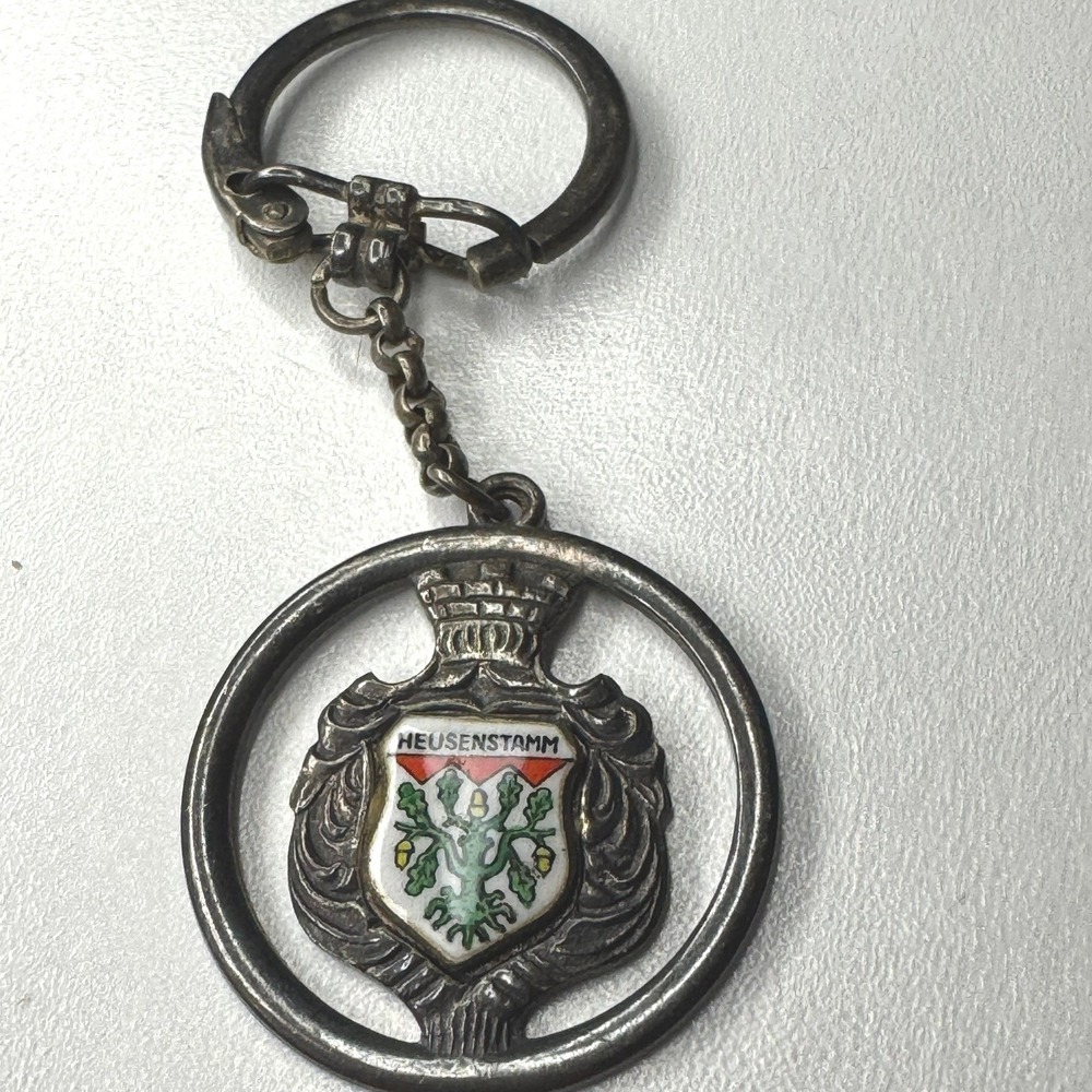 Vintage Heusenstamm‎ Germany Crest Enamel Keychain Silver Tone Souvenir